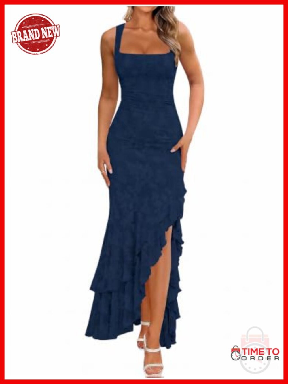 Mesh Floral Embroidered Ruched Maxi Dress High Slit Square Neck Sleeveless